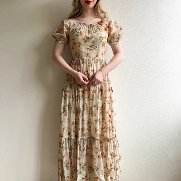 Stunning Vintage 1930s Orange Floral Gown With Velvet Bows (XS/S) - Picture 4 of 14